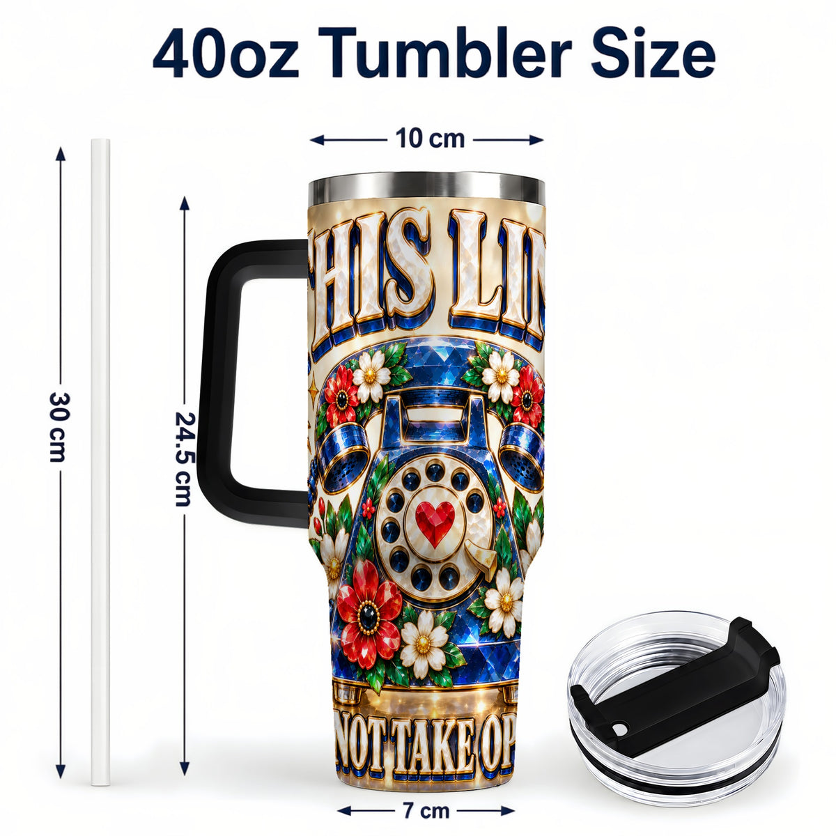 #pl[40oz|Black] Vintage Rotary Phone 40oz Tumbler with Handle, Floral Travel Cup