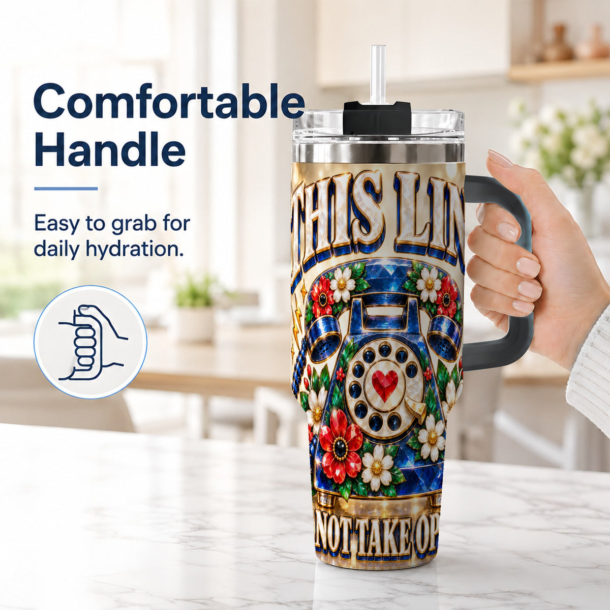 #pl[40oz|Black] Vintage Rotary Phone 40oz Tumbler with Handle, Floral Travel Cup