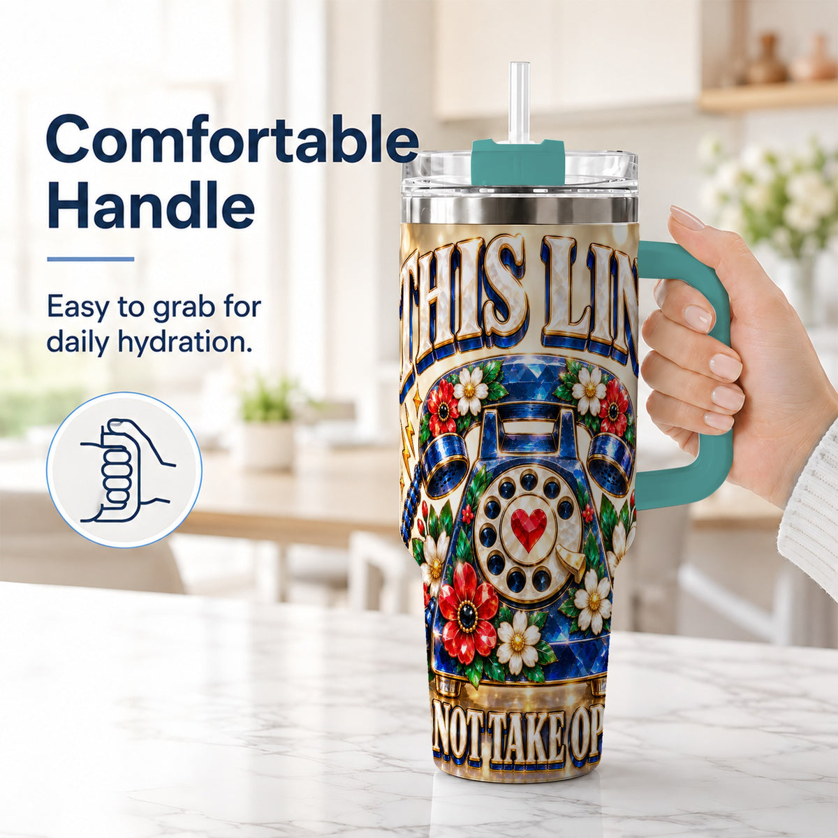 #pl[40oz|Green] Vintage Rotary Phone 40oz Tumbler with Handle, Floral Travel Cup