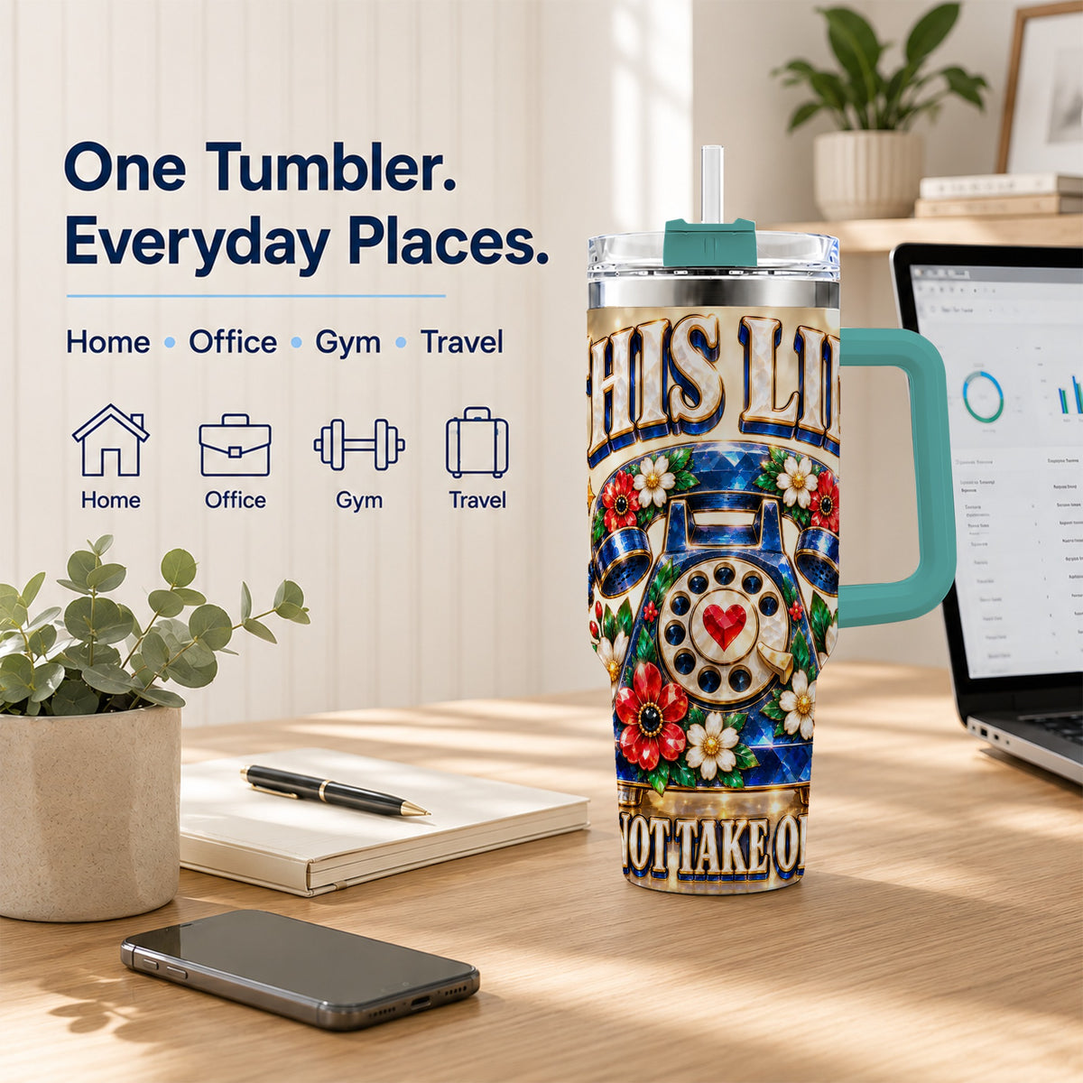 #pl[40oz|Green] Vintage Rotary Phone 40oz Tumbler with Handle, Floral Travel Cup