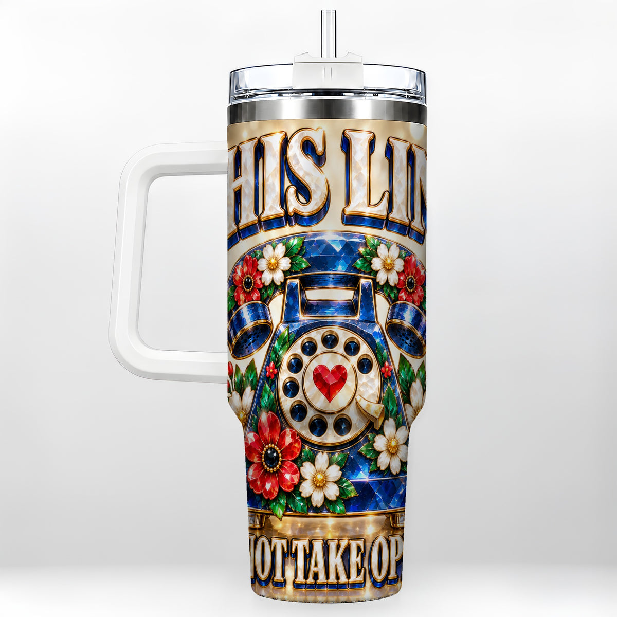 Vintage Rotary Phone 40oz Tumbler with Handle, Floral Travel Cup