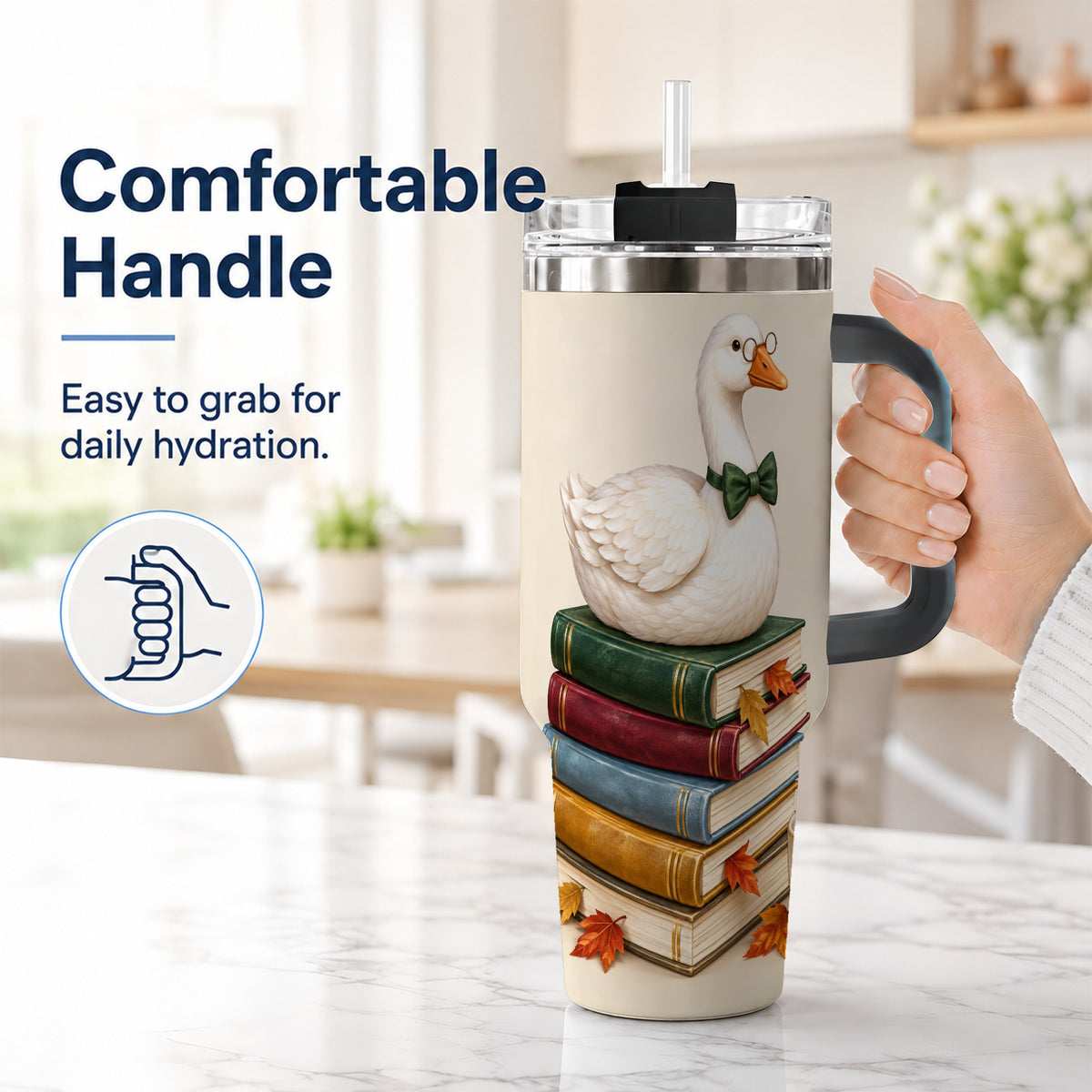 #pl[40oz|Black] Bookish Goose 40oz Tumbler with Handle, Autumn Travel Cup
