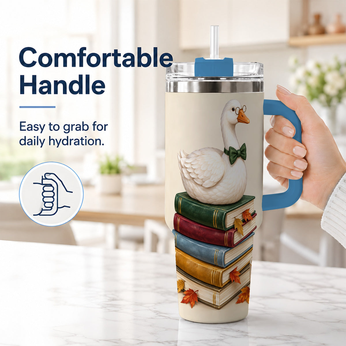 #pl[40oz|Blue] Bookish Goose 40oz Tumbler with Handle, Autumn Travel Cup
