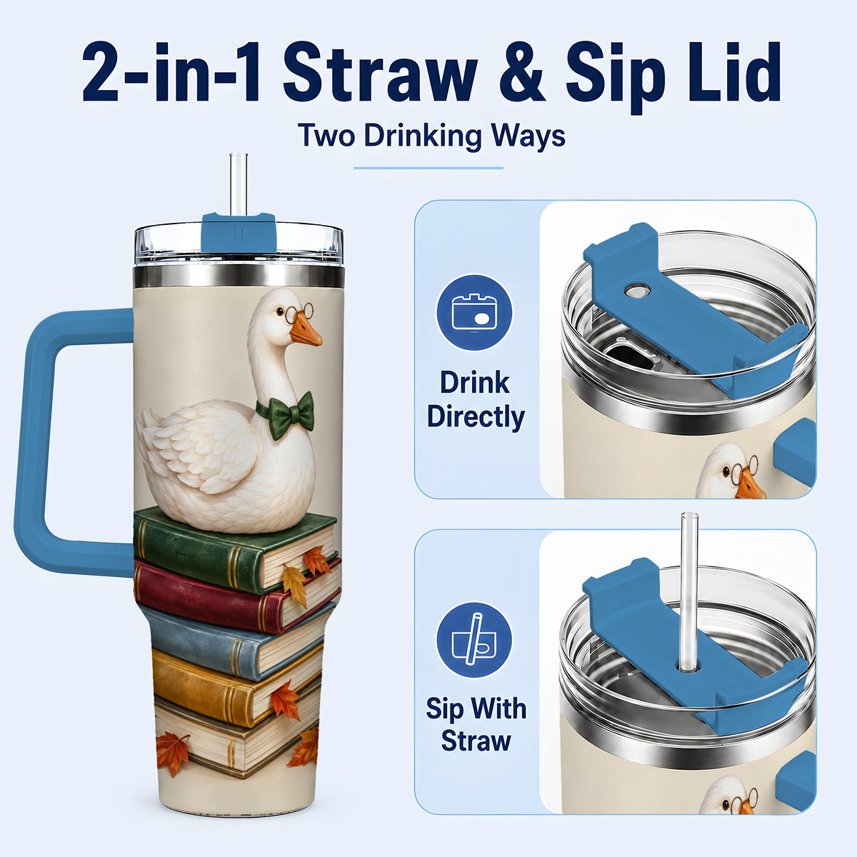 #pl[40oz|Blue] Bookish Goose 40oz Tumbler with Handle, Autumn Travel Cup