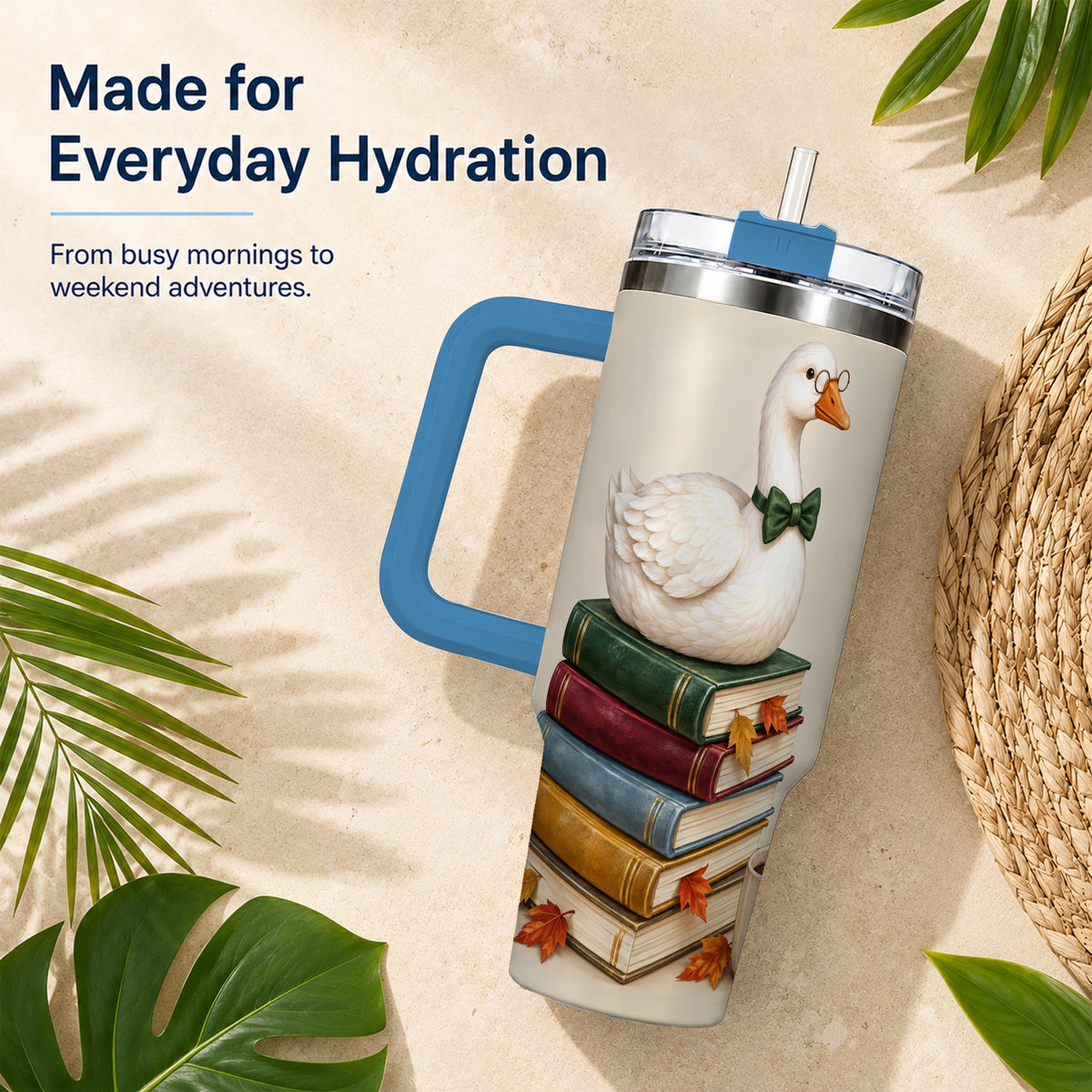 #pl[40oz|Blue] Bookish Goose 40oz Tumbler with Handle, Autumn Travel Cup