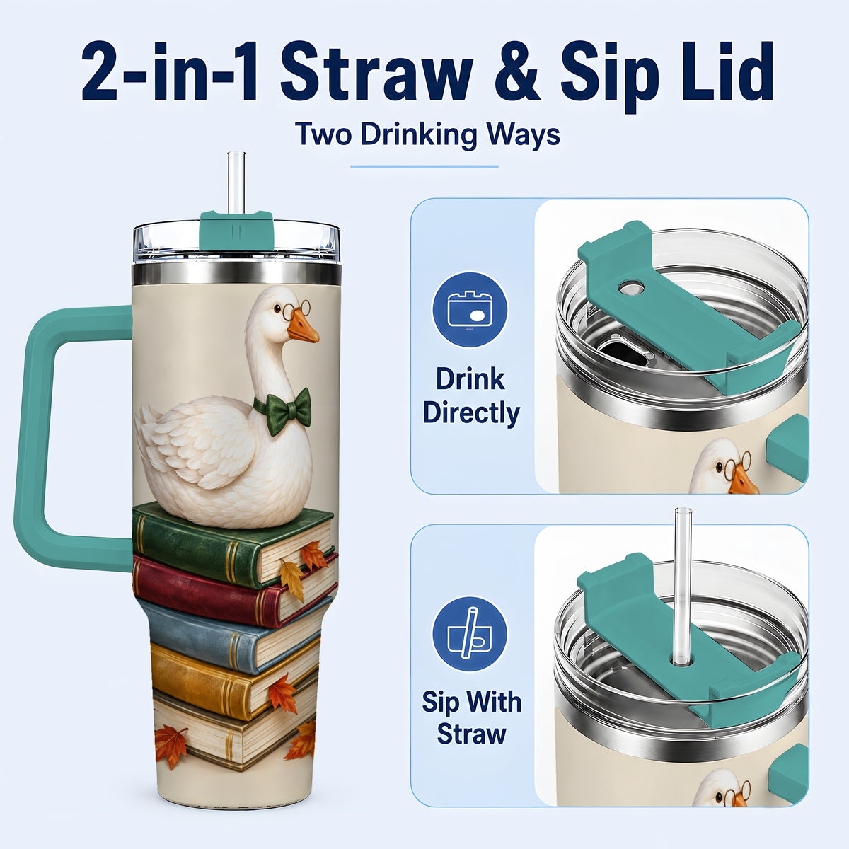 #pl[40oz|Green] Bookish Goose 40oz Tumbler with Handle, Autumn Travel Cup
