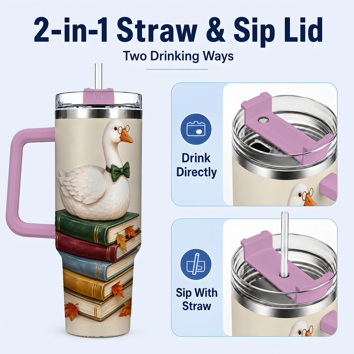 #pl[40oz|Pink] Bookish Goose 40oz Tumbler with Handle, Autumn Travel Cup