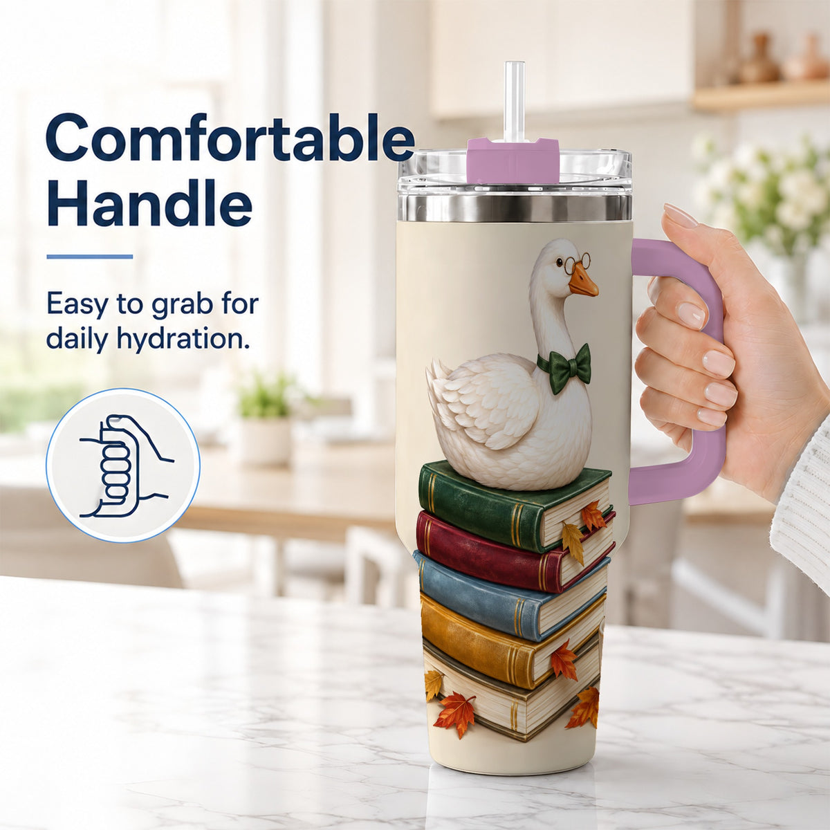 #pl[40oz|Pink] Bookish Goose 40oz Tumbler with Handle, Autumn Travel Cup