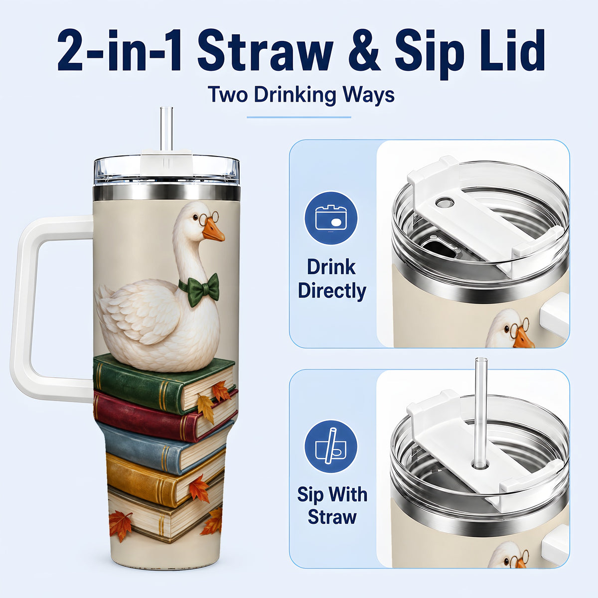 #pl[40oz|White] Bookish Goose 40oz Tumbler with Handle, Autumn Travel Cup