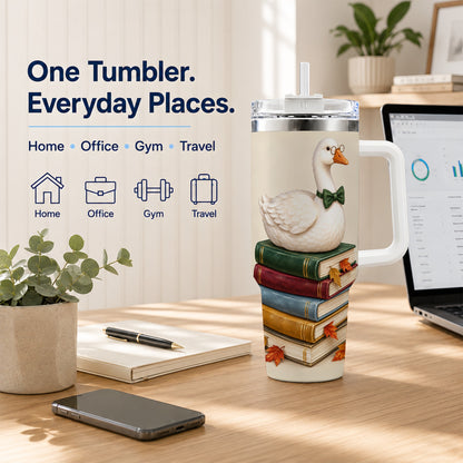 #pl[40oz|White] Bookish Goose 40oz Tumbler with Handle, Autumn Travel Cup