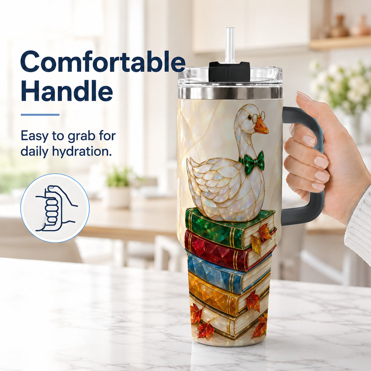 #pl[40oz|Black] Jeweled Bookish Goose 40oz Tumbler with Handle, Autumn Travel Cup
