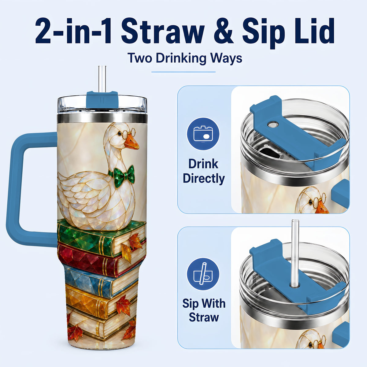 #pl[40oz|Blue] Jeweled Bookish Goose 40oz Tumbler with Handle, Autumn Travel Cup