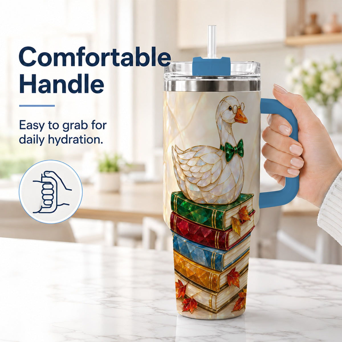 #pl[40oz|Blue] Jeweled Bookish Goose 40oz Tumbler with Handle, Autumn Travel Cup