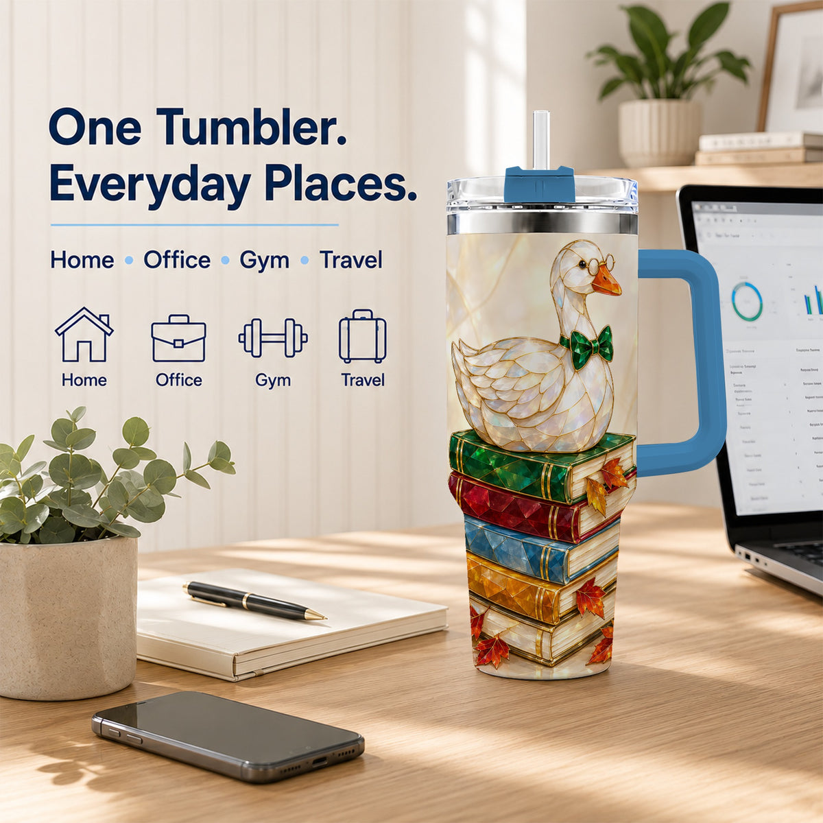 #pl[40oz|Blue] Jeweled Bookish Goose 40oz Tumbler with Handle, Autumn Travel Cup