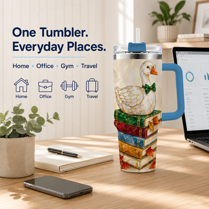 #pl[40oz|Blue] Jeweled Bookish Goose 40oz Tumbler with Handle, Autumn Travel Cup