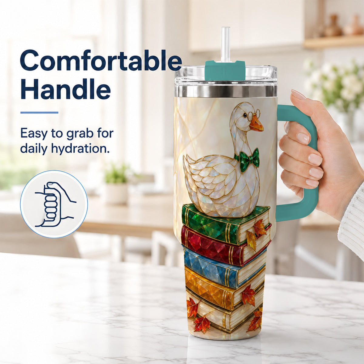 #pl[40oz|Green] Jeweled Bookish Goose 40oz Tumbler with Handle, Autumn Travel Cup