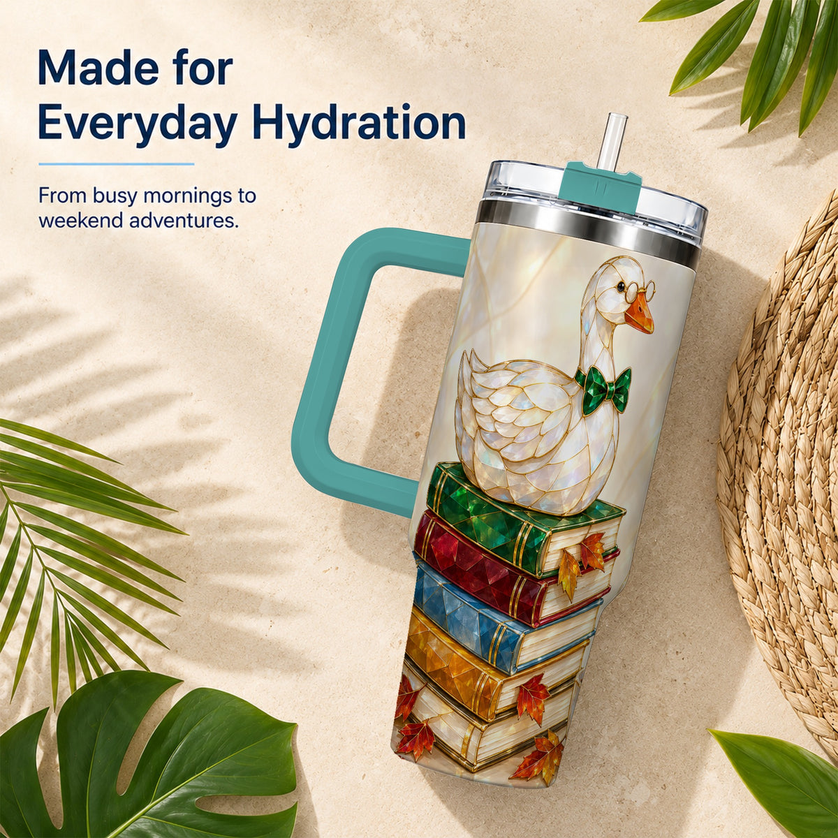 #pl[40oz|Green] Jeweled Bookish Goose 40oz Tumbler with Handle, Autumn Travel Cup