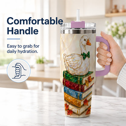 #pl[40oz|Pink] Jeweled Bookish Goose 40oz Tumbler with Handle, Autumn Travel Cup