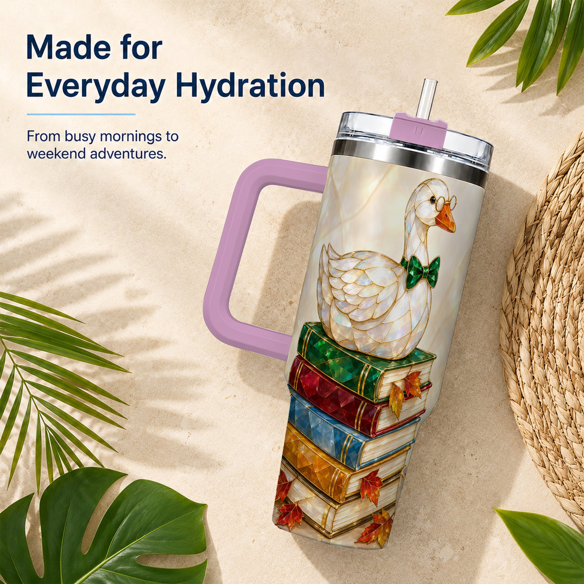 #pl[40oz|Pink] Jeweled Bookish Goose 40oz Tumbler with Handle, Autumn Travel Cup