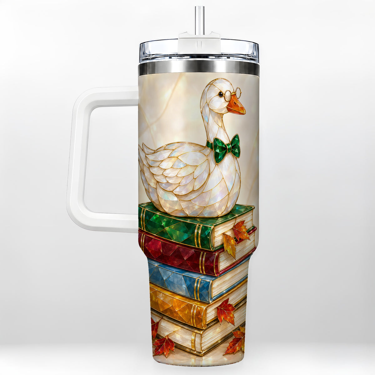 Jeweled Bookish Goose 40oz Tumbler with Handle, Autumn Travel Cup
