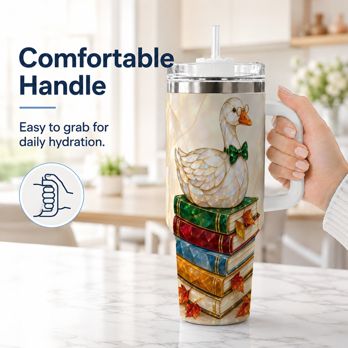 #pl[40oz|White] Jeweled Bookish Goose 40oz Tumbler with Handle, Autumn Travel Cup