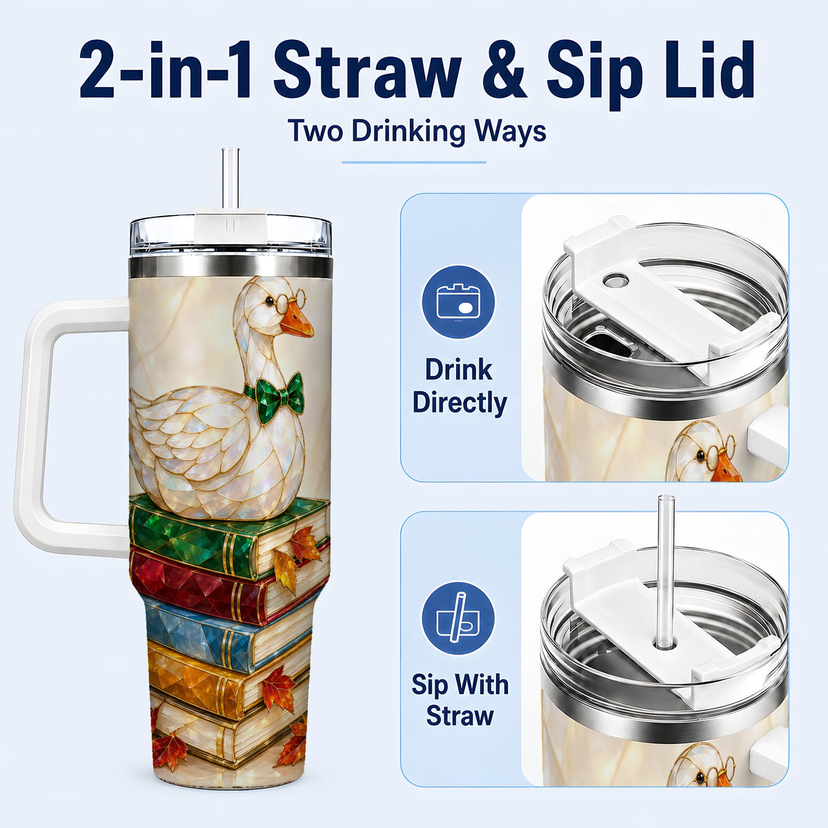 #pl[40oz|White] Jeweled Bookish Goose 40oz Tumbler with Handle, Autumn Travel Cup