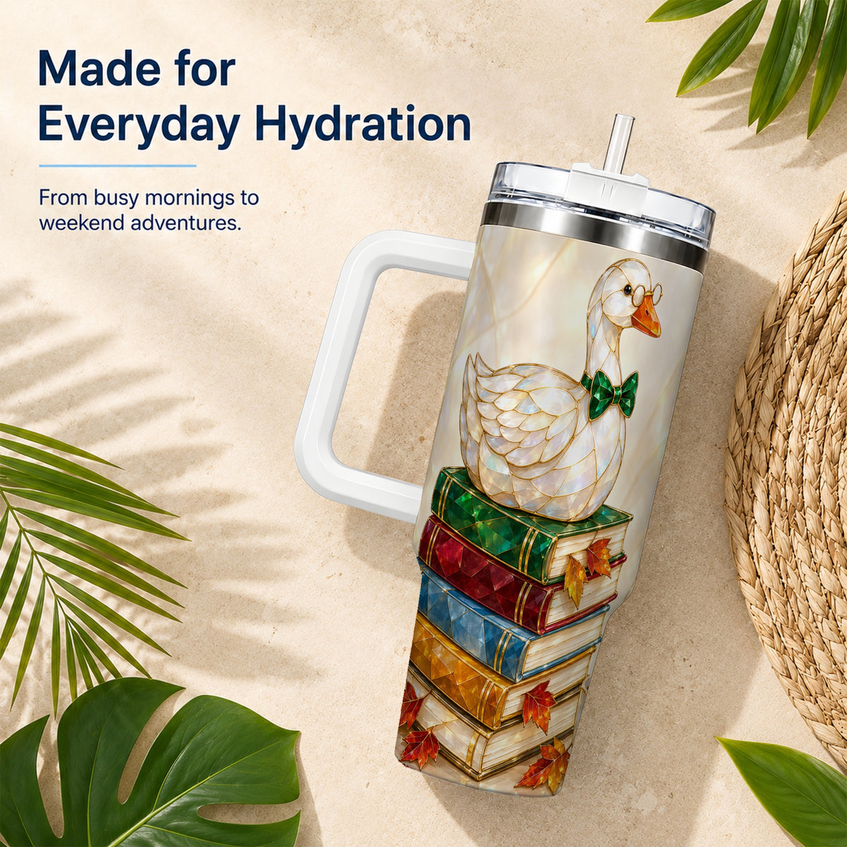 #pl[40oz|White] Jeweled Bookish Goose 40oz Tumbler with Handle, Autumn Travel Cup