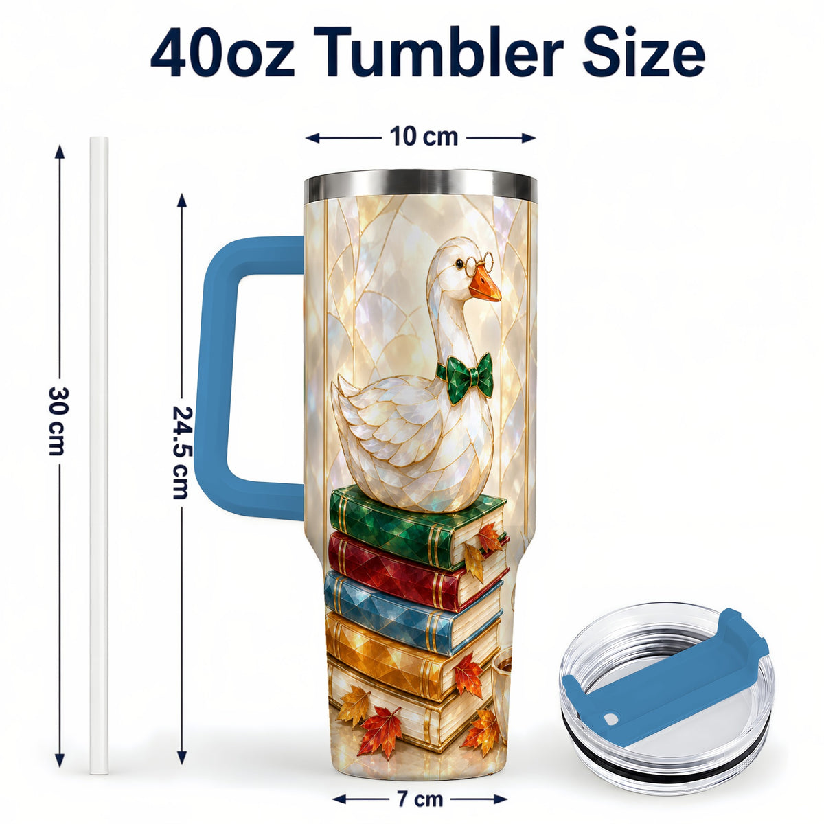 #pl[40oz|Blue] Bookish Bird 40oz Tumbler with Handle, Autumn Stainless Steel Travel Cup