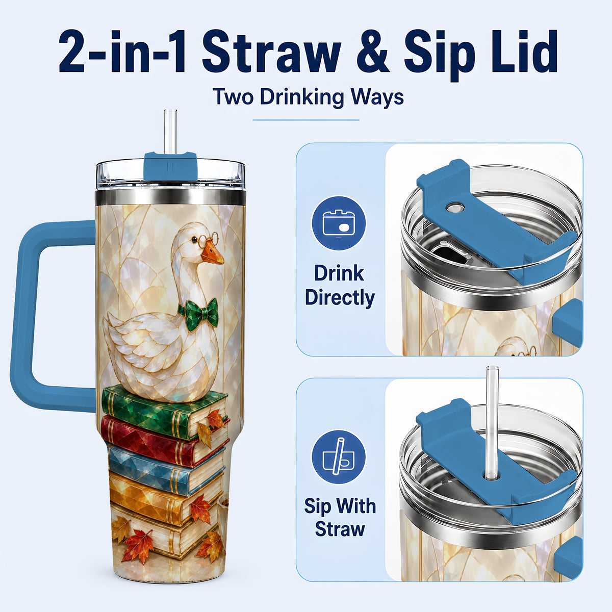 #pl[40oz|Blue] Bookish Bird 40oz Tumbler with Handle, Autumn Stainless Steel Travel Cup