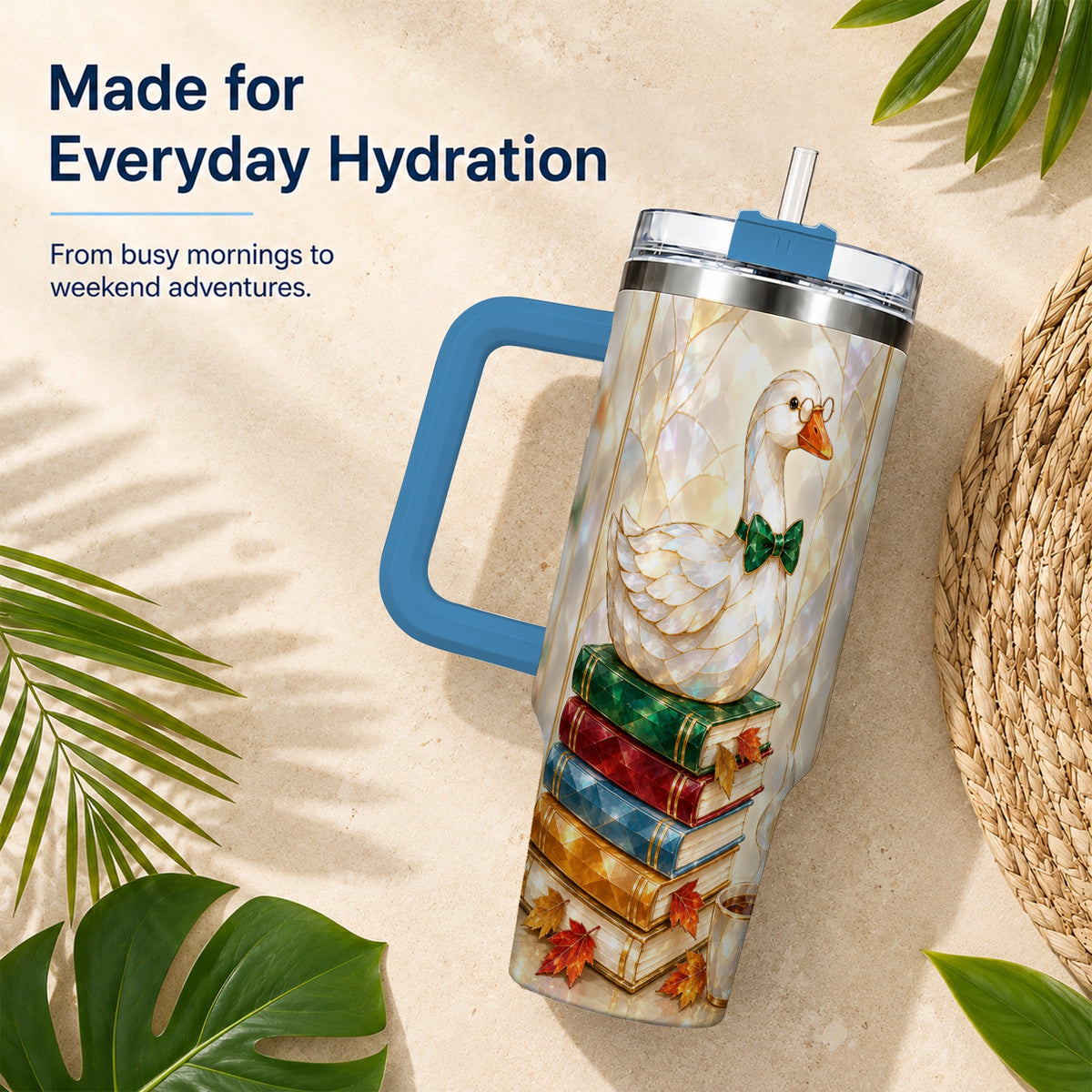 #pl[40oz|Blue] Bookish Bird 40oz Tumbler with Handle, Autumn Stainless Steel Travel Cup
