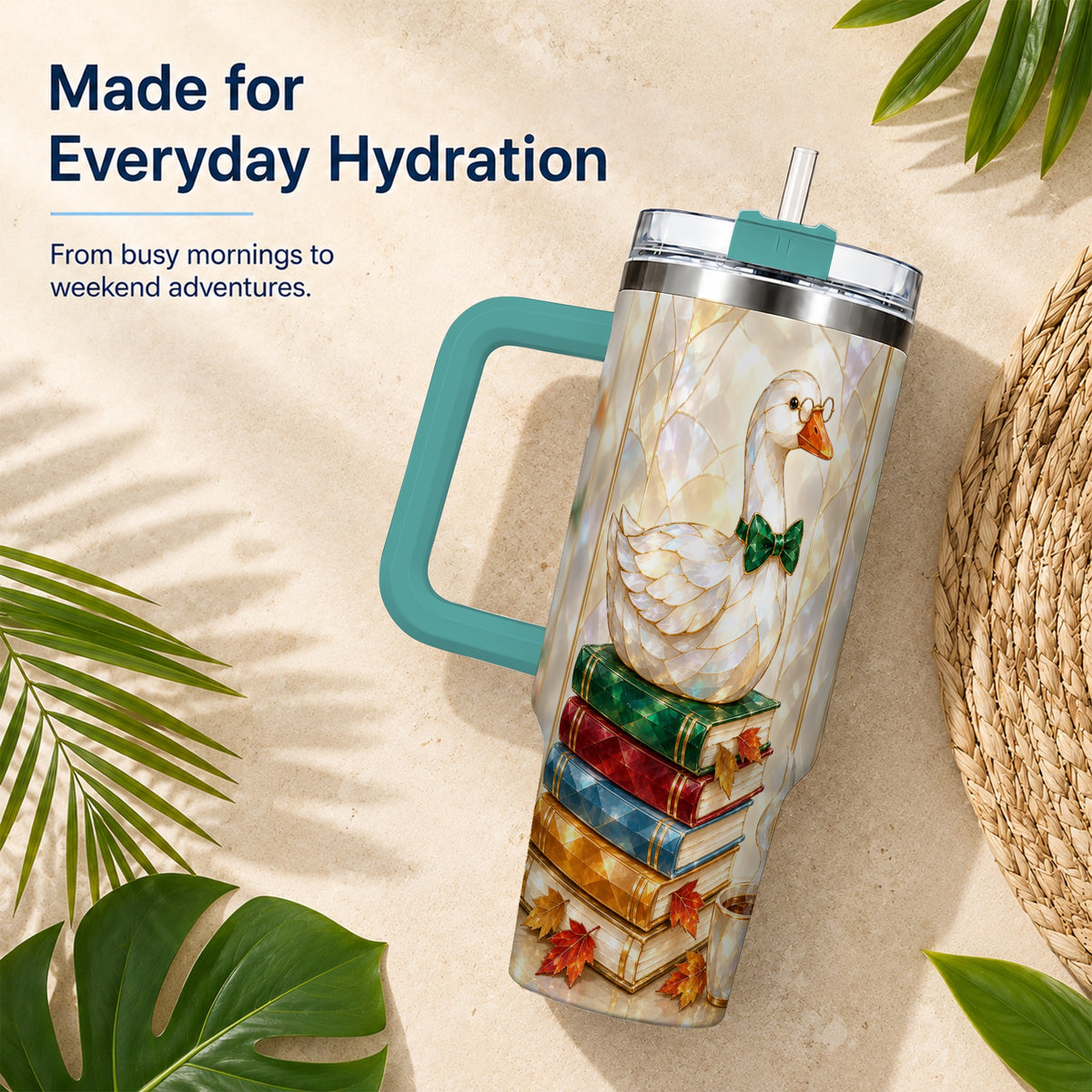 #pl[40oz|Green] Bookish Bird 40oz Tumbler with Handle, Autumn Stainless Steel Travel Cup