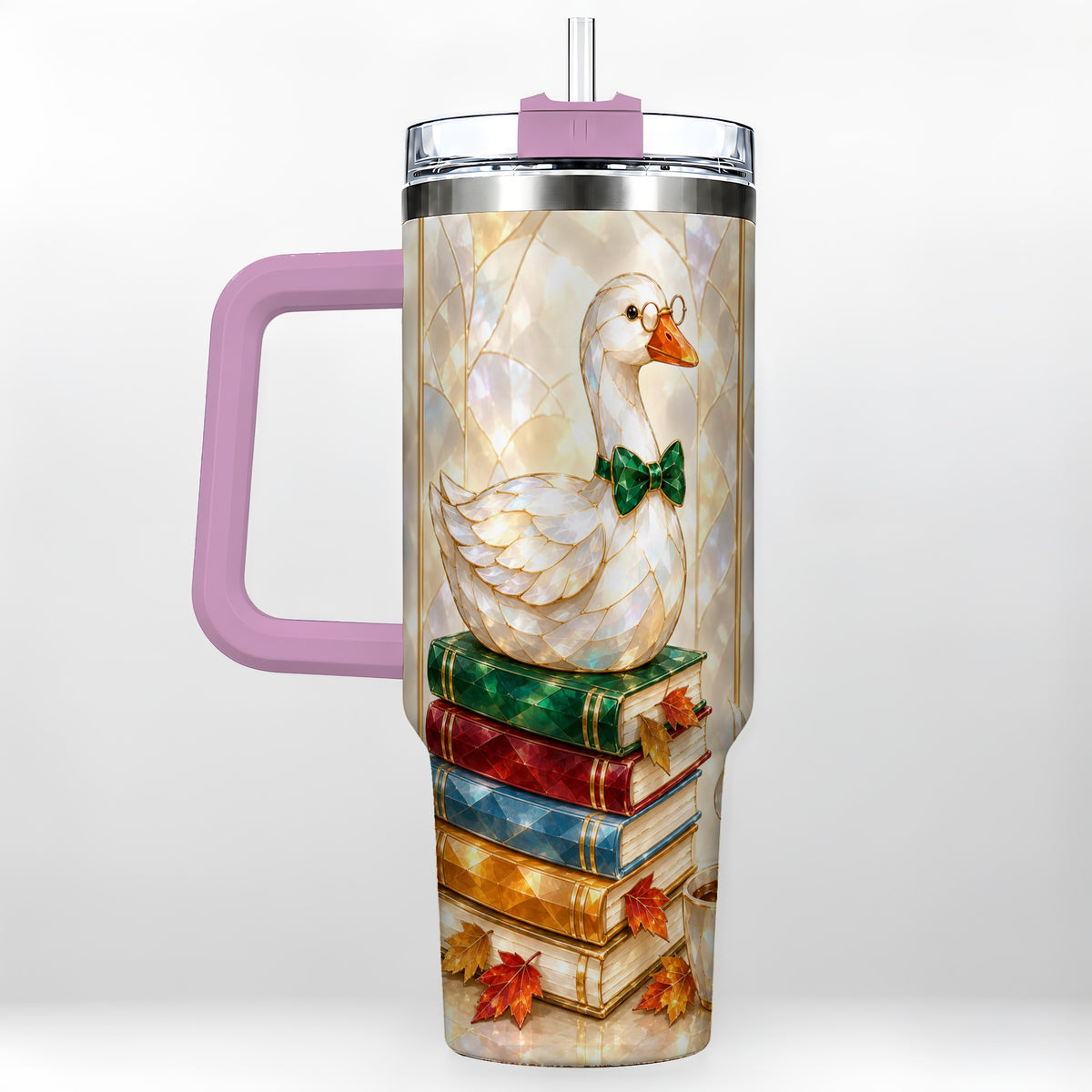 #pl[40oz|Pink] Bookish Bird 40oz Tumbler with Handle, Autumn Stainless Steel Travel Cup