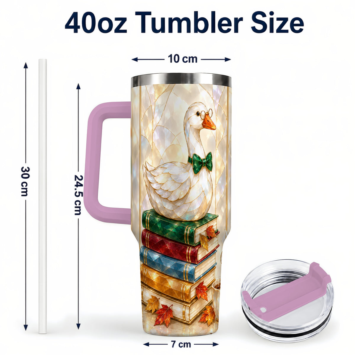 #pl[40oz|Pink] Bookish Bird 40oz Tumbler with Handle, Autumn Stainless Steel Travel Cup