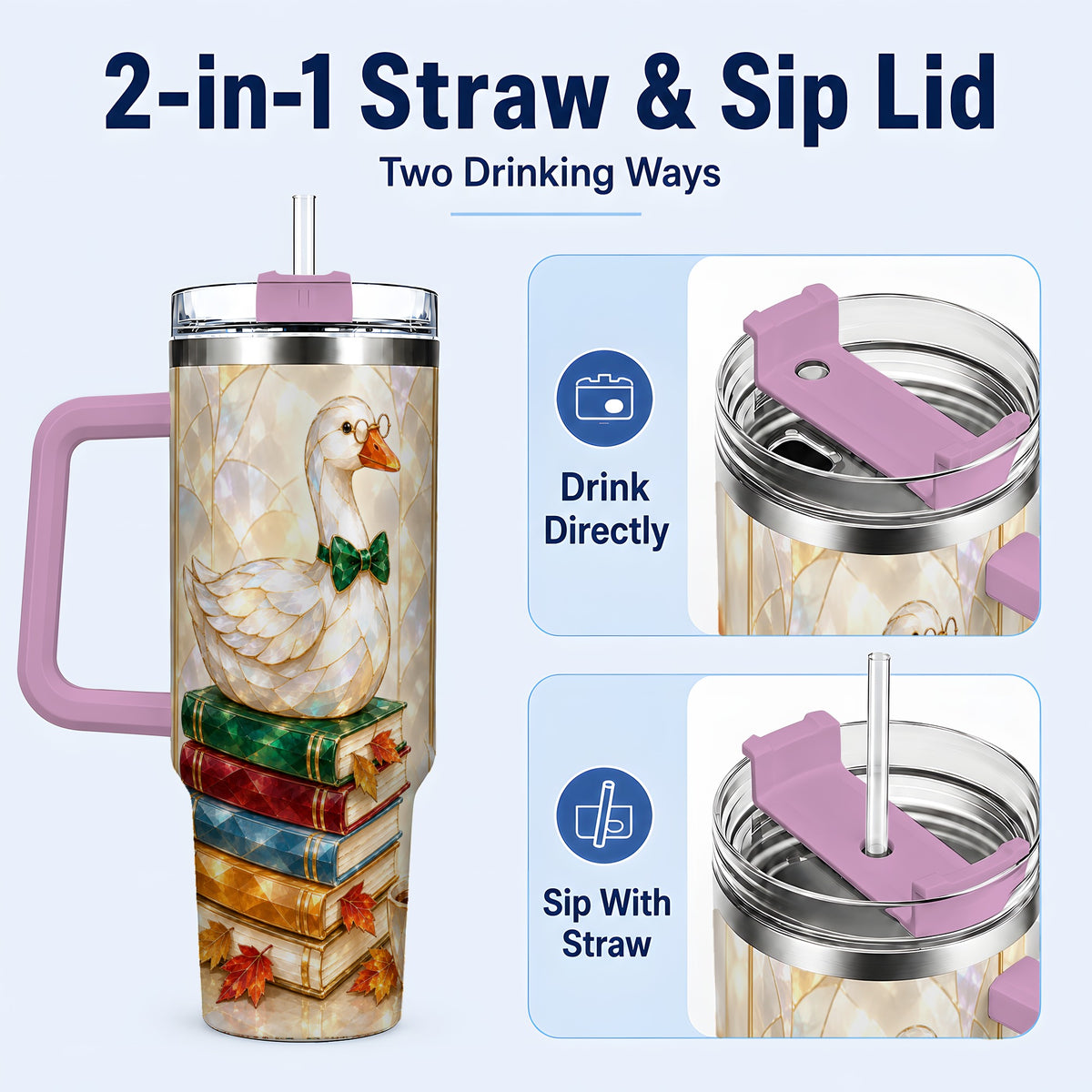 #pl[40oz|Pink] Bookish Bird 40oz Tumbler with Handle, Autumn Stainless Steel Travel Cup