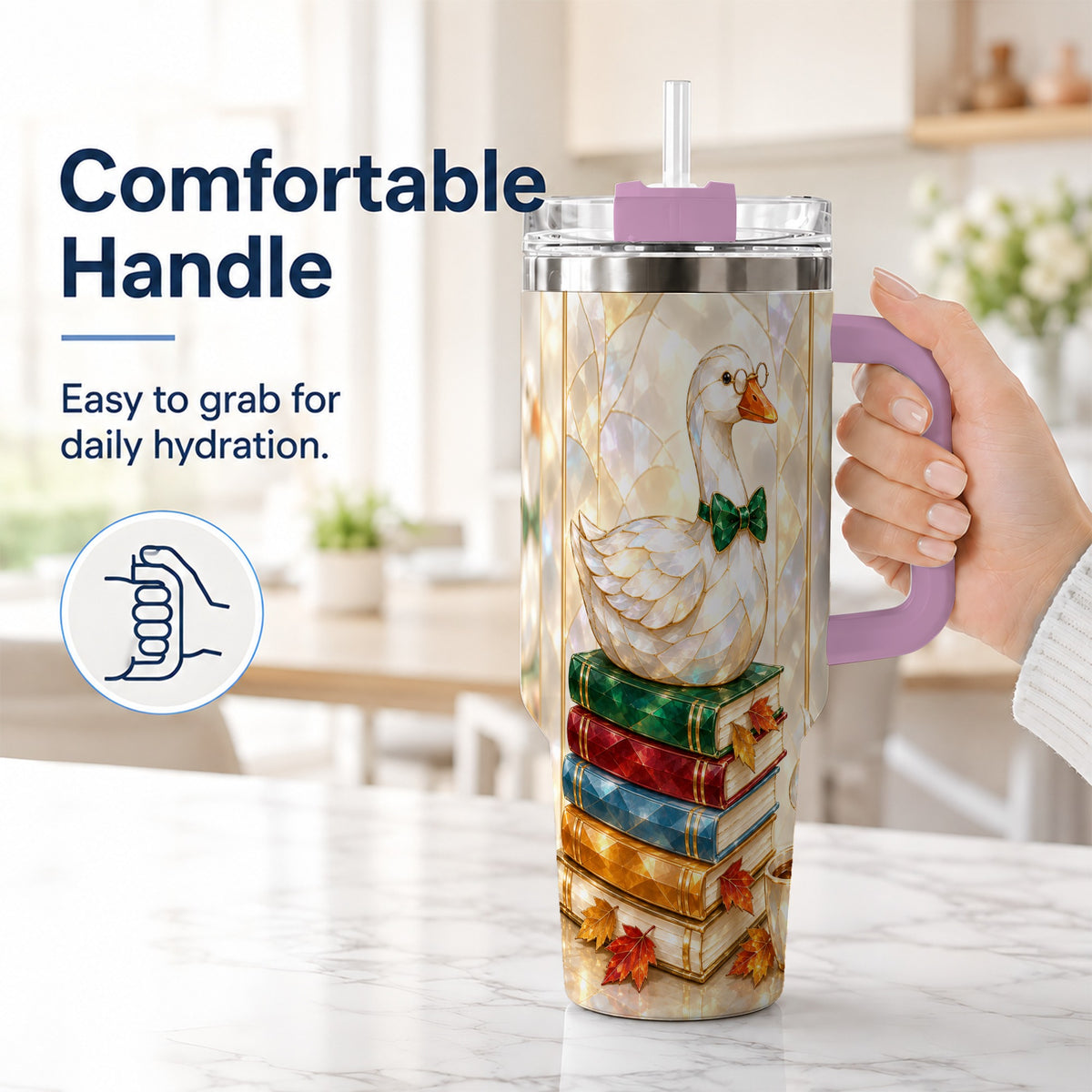 #pl[40oz|Pink] Bookish Bird 40oz Tumbler with Handle, Autumn Stainless Steel Travel Cup