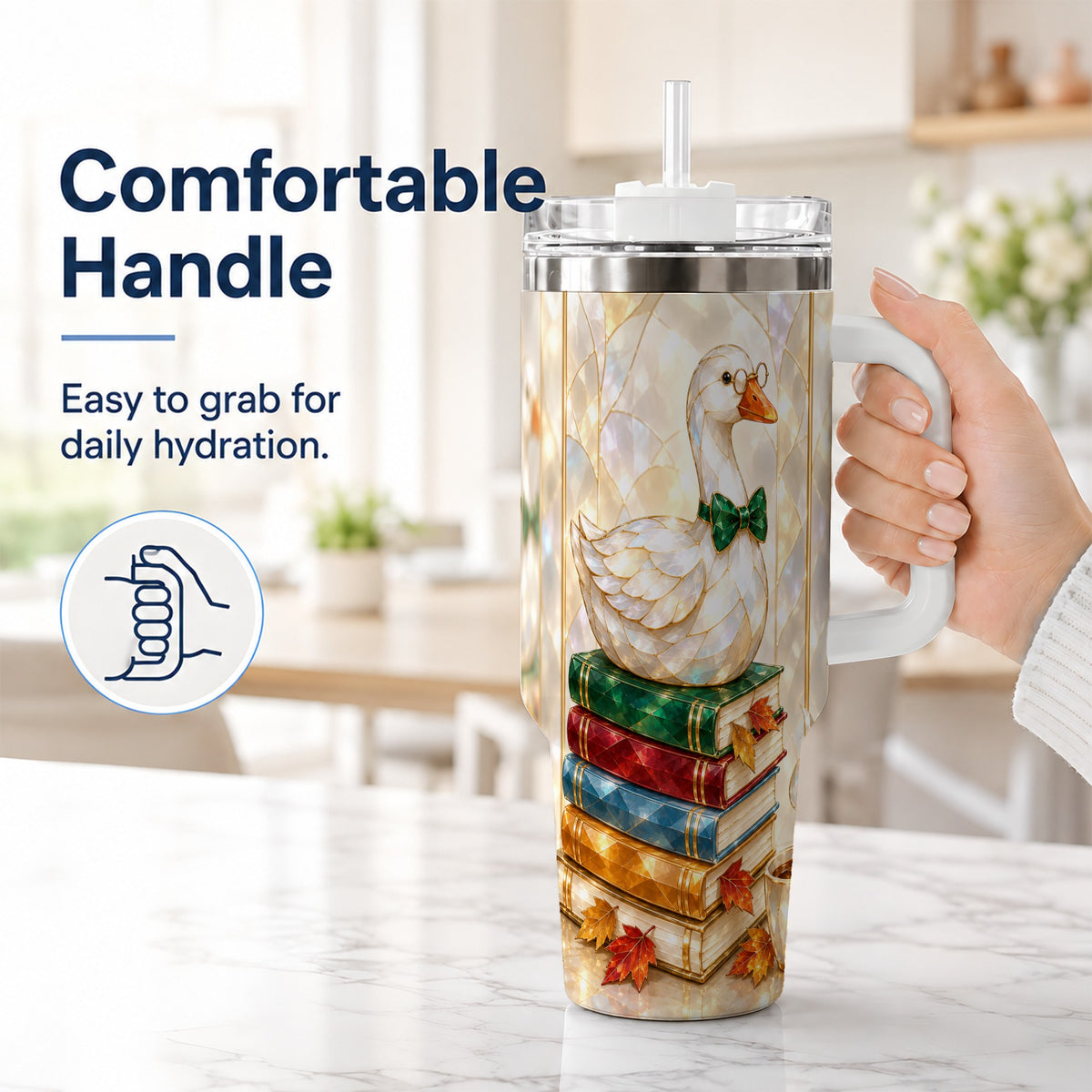 #pl[40oz|White] Bookish Bird 40oz Tumbler with Handle, Autumn Stainless Steel Travel Cup