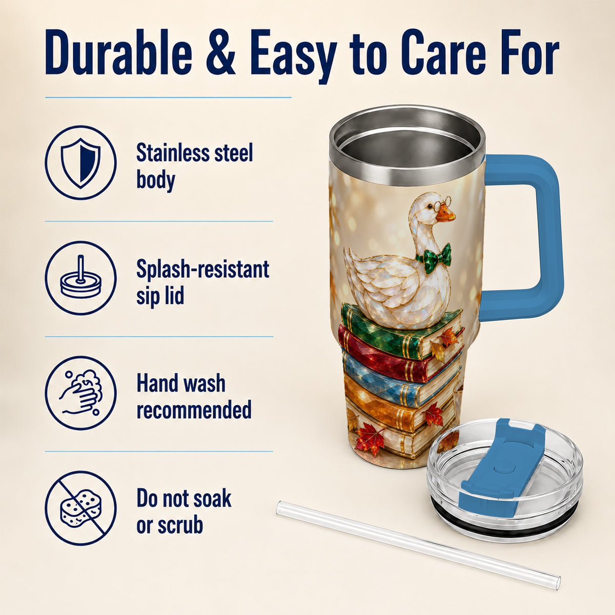 #pl[40oz|Blue] Golden Book Bird 40oz Tumbler with Handle, Reader Stainless Steel Cup