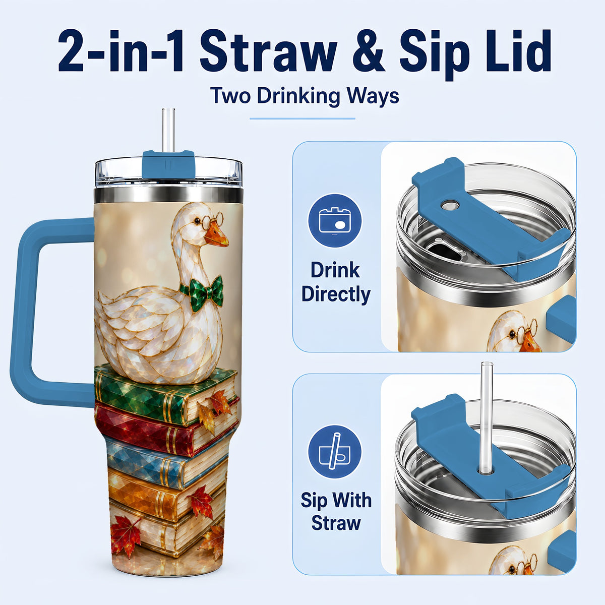 #pl[40oz|Blue] Golden Book Bird 40oz Tumbler with Handle, Reader Stainless Steel Cup