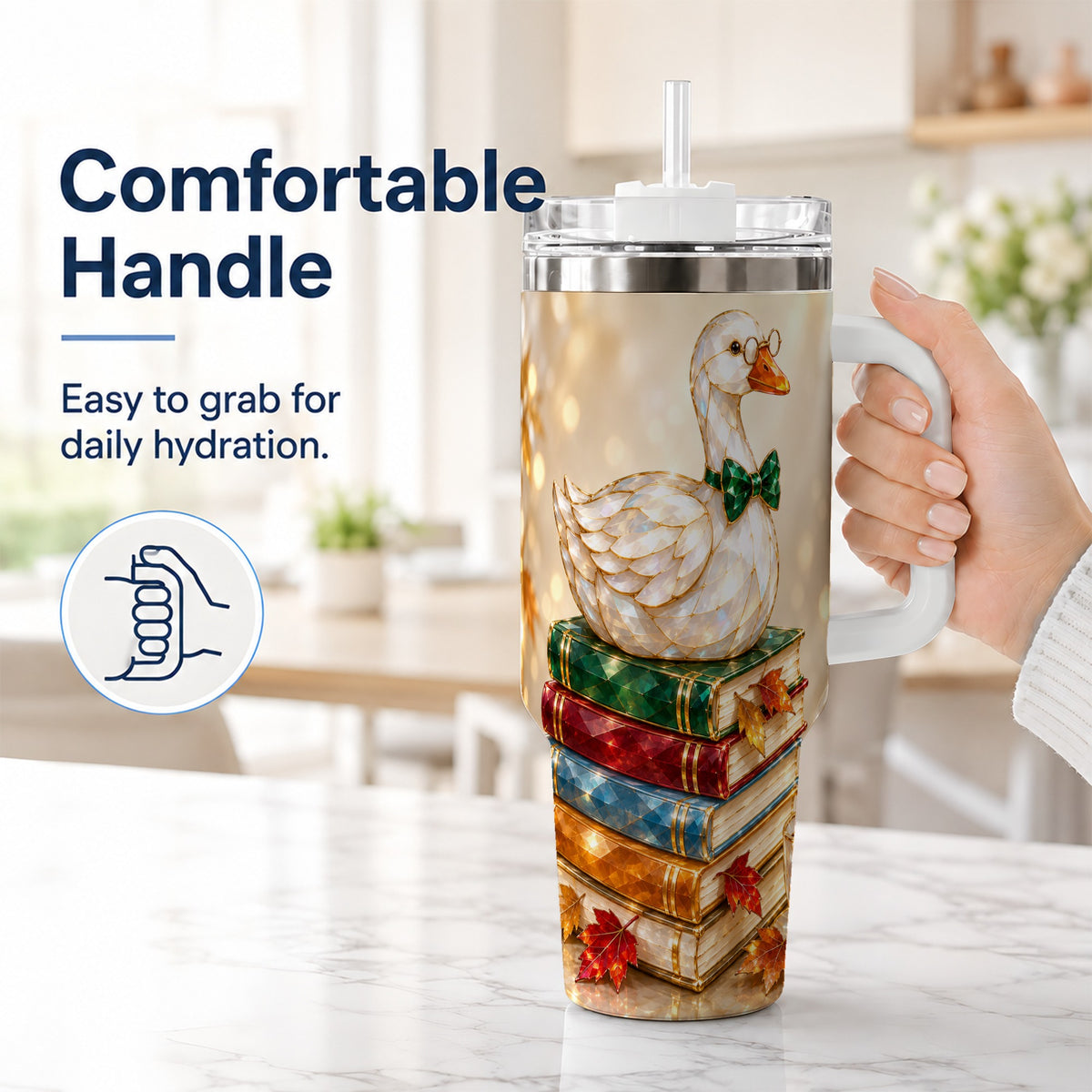 #pl[40oz|White] Golden Book Bird 40oz Tumbler with Handle, Reader Stainless Steel Cup