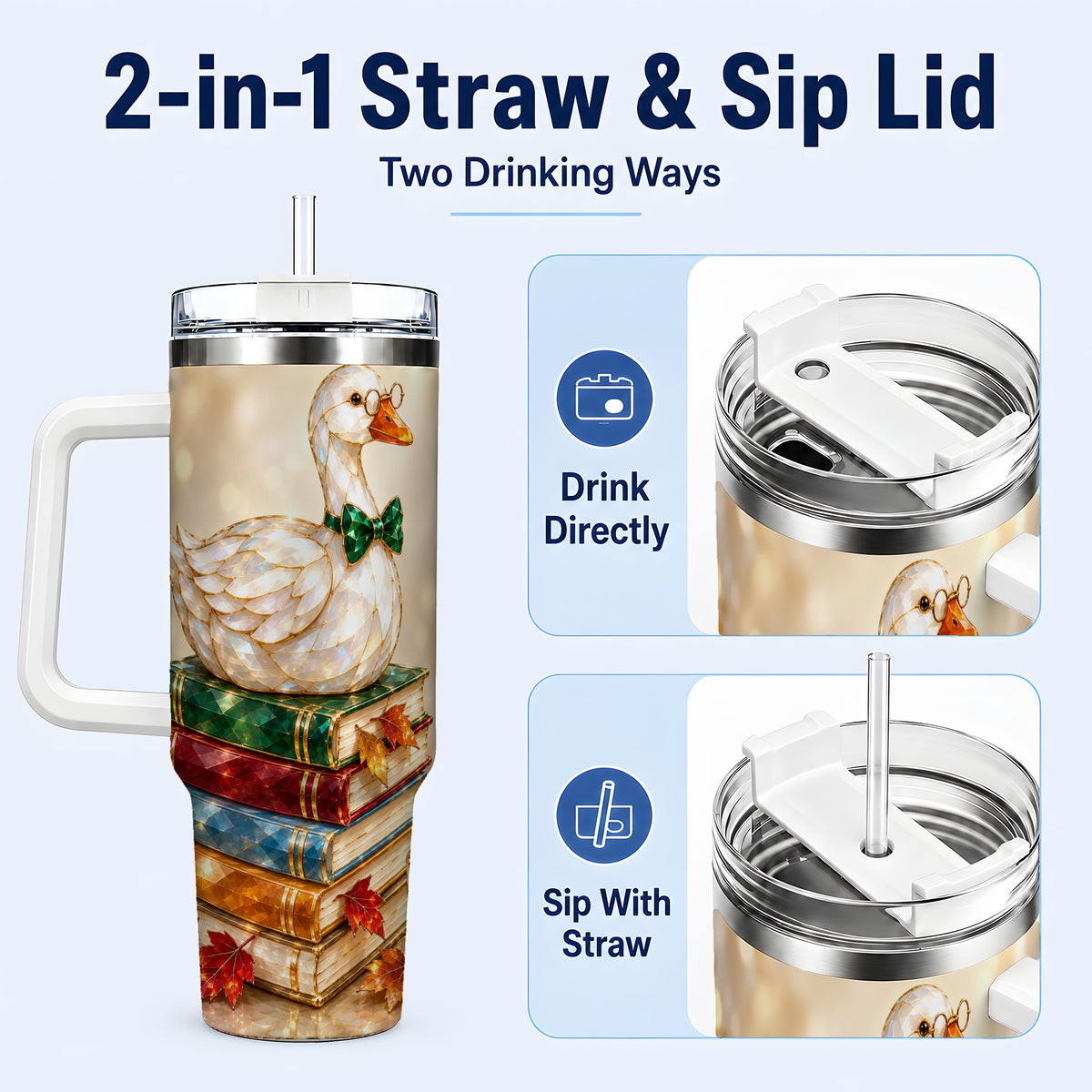 #pl[40oz|White] Golden Book Bird 40oz Tumbler with Handle, Reader Stainless Steel Cup