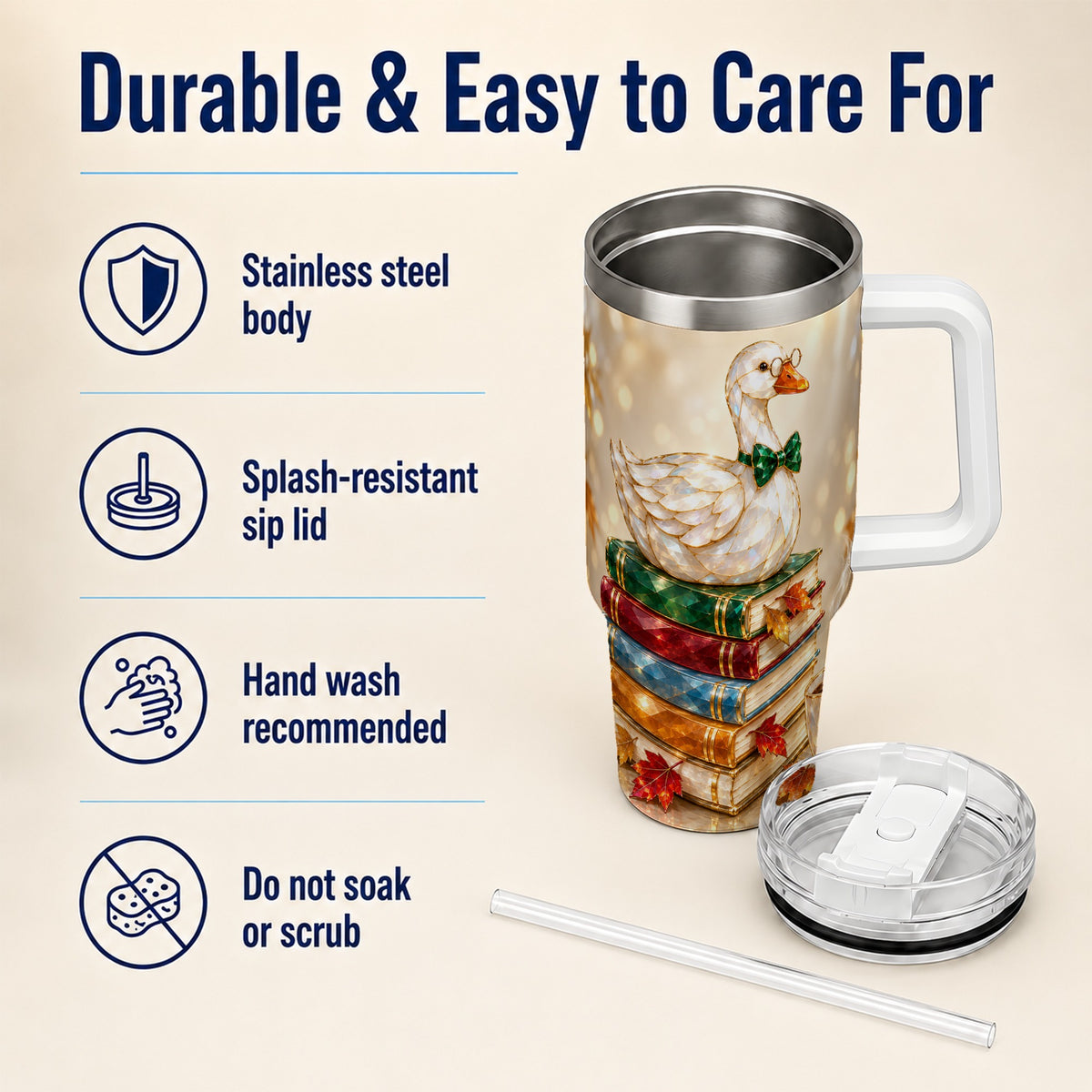 #pl[40oz|White] Golden Book Bird 40oz Tumbler with Handle, Reader Stainless Steel Cup