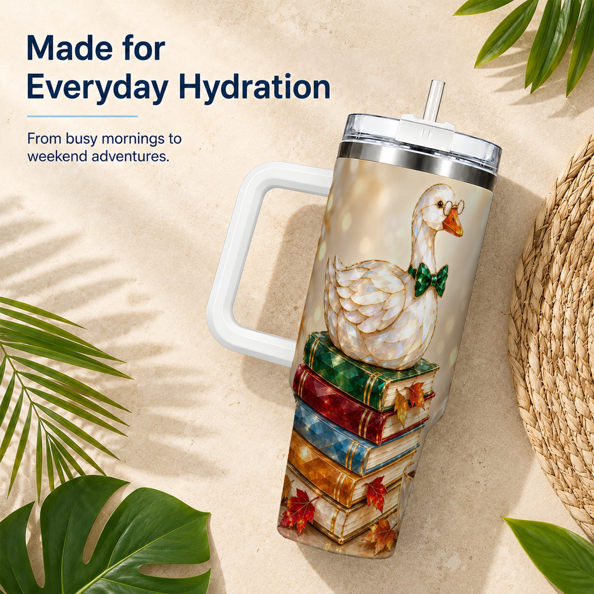 #pl[40oz|White] Golden Book Bird 40oz Tumbler with Handle, Reader Stainless Steel Cup