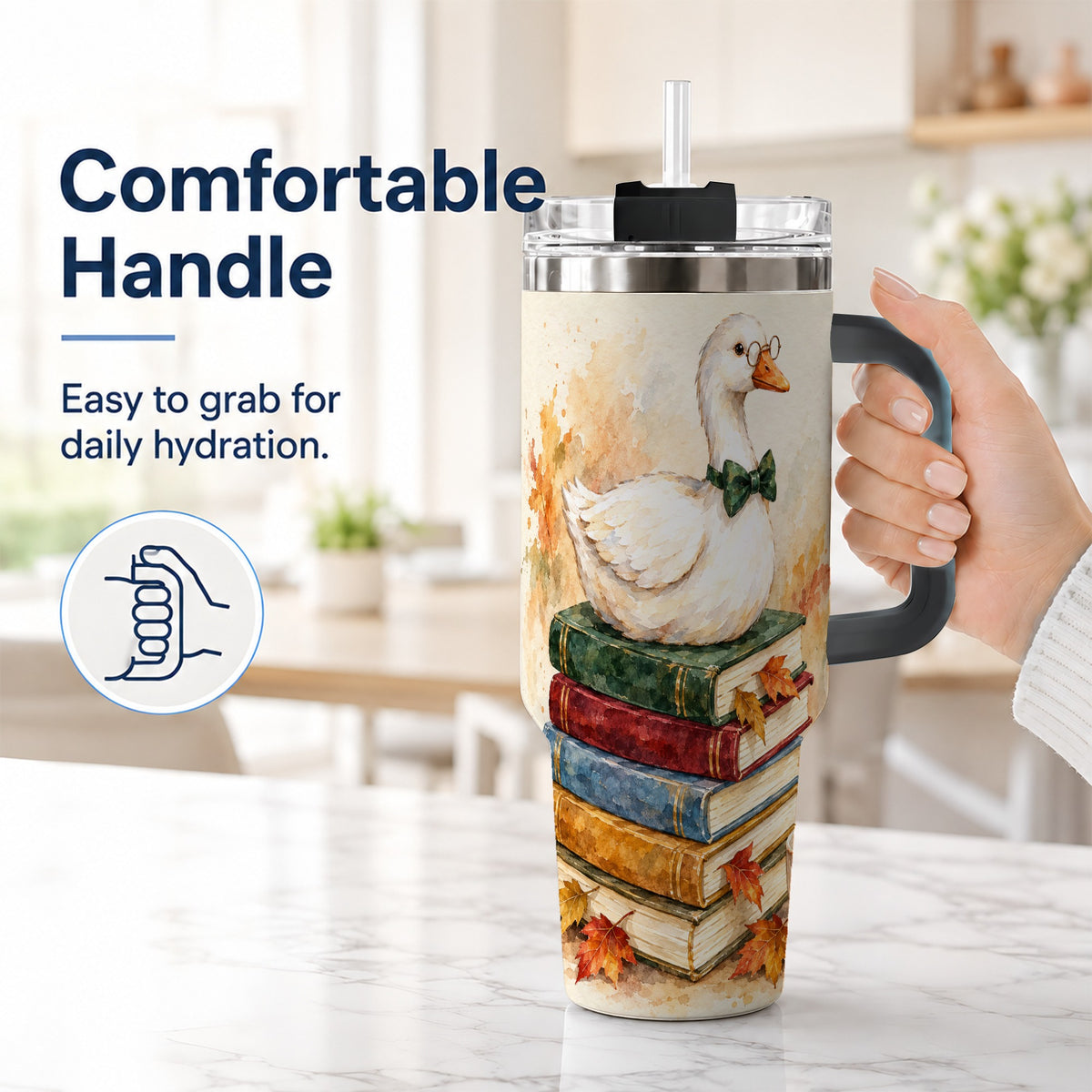 #pl[40oz|Black] Watercolor Book Bird 40oz Tumbler with Handle, Autumn Travel Cup