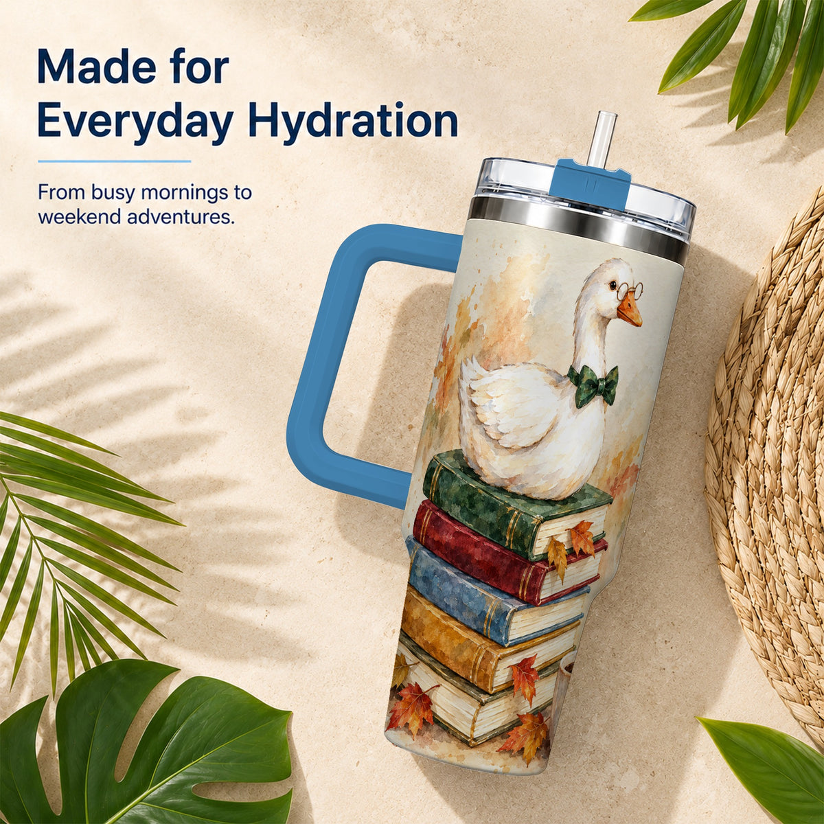 #pl[40oz|Blue] Watercolor Book Bird 40oz Tumbler with Handle, Autumn Travel Cup