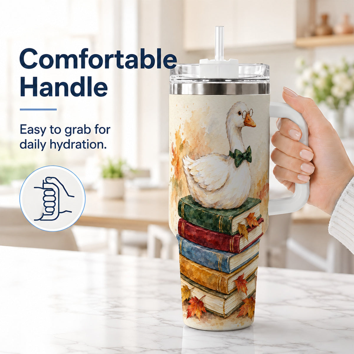 #pl[40oz|White] Watercolor Book Bird 40oz Tumbler with Handle, Autumn Travel Cup
