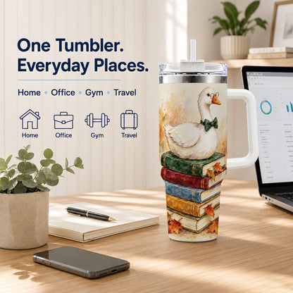 #pl[40oz|White] Watercolor Book Bird 40oz Tumbler with Handle, Autumn Travel Cup
