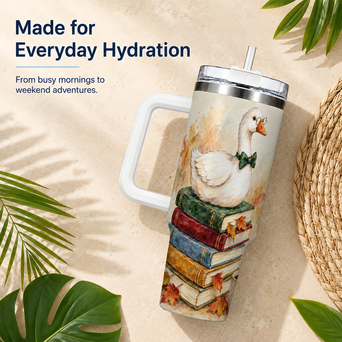 #pl[40oz|White] Watercolor Book Bird 40oz Tumbler with Handle, Autumn Travel Cup
