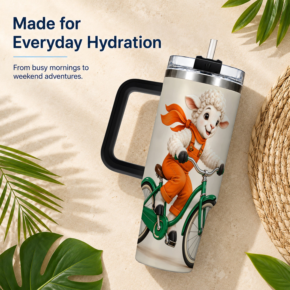 #pl[40oz|Black] Cycling Lamb 40oz Tumbler with Handle, Bicycle Stainless Steel Travel Cup