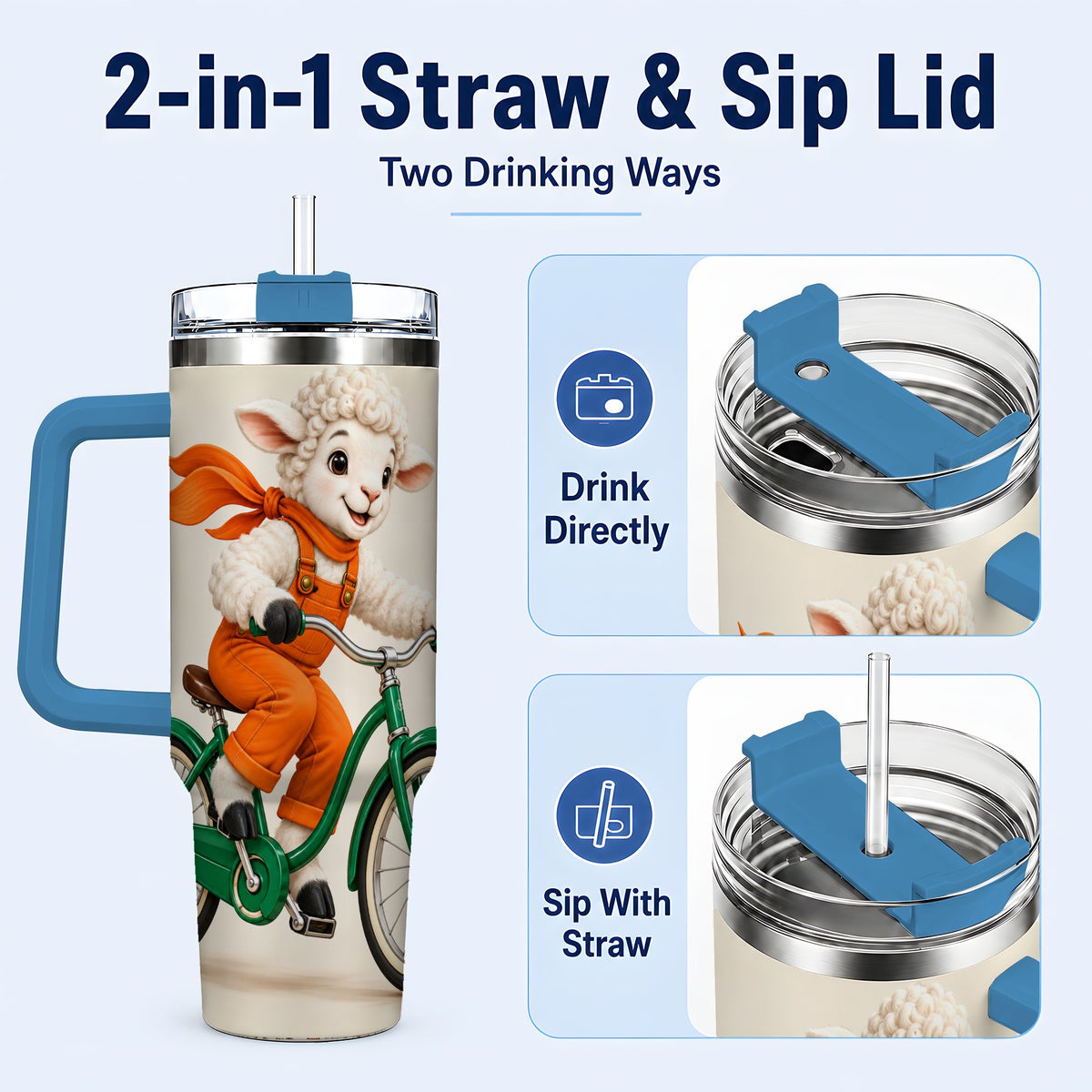 #pl[40oz|Blue] Cycling Lamb 40oz Tumbler with Handle, Bicycle Stainless Steel Travel Cup