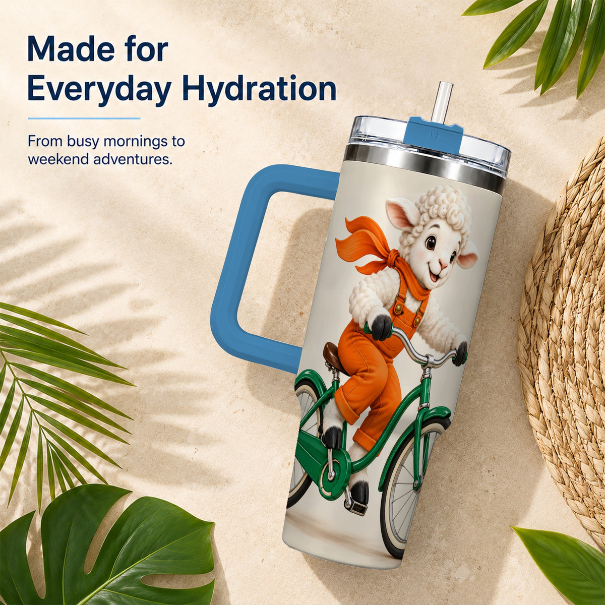 #pl[40oz|Blue] Cycling Lamb 40oz Tumbler with Handle, Bicycle Stainless Steel Travel Cup